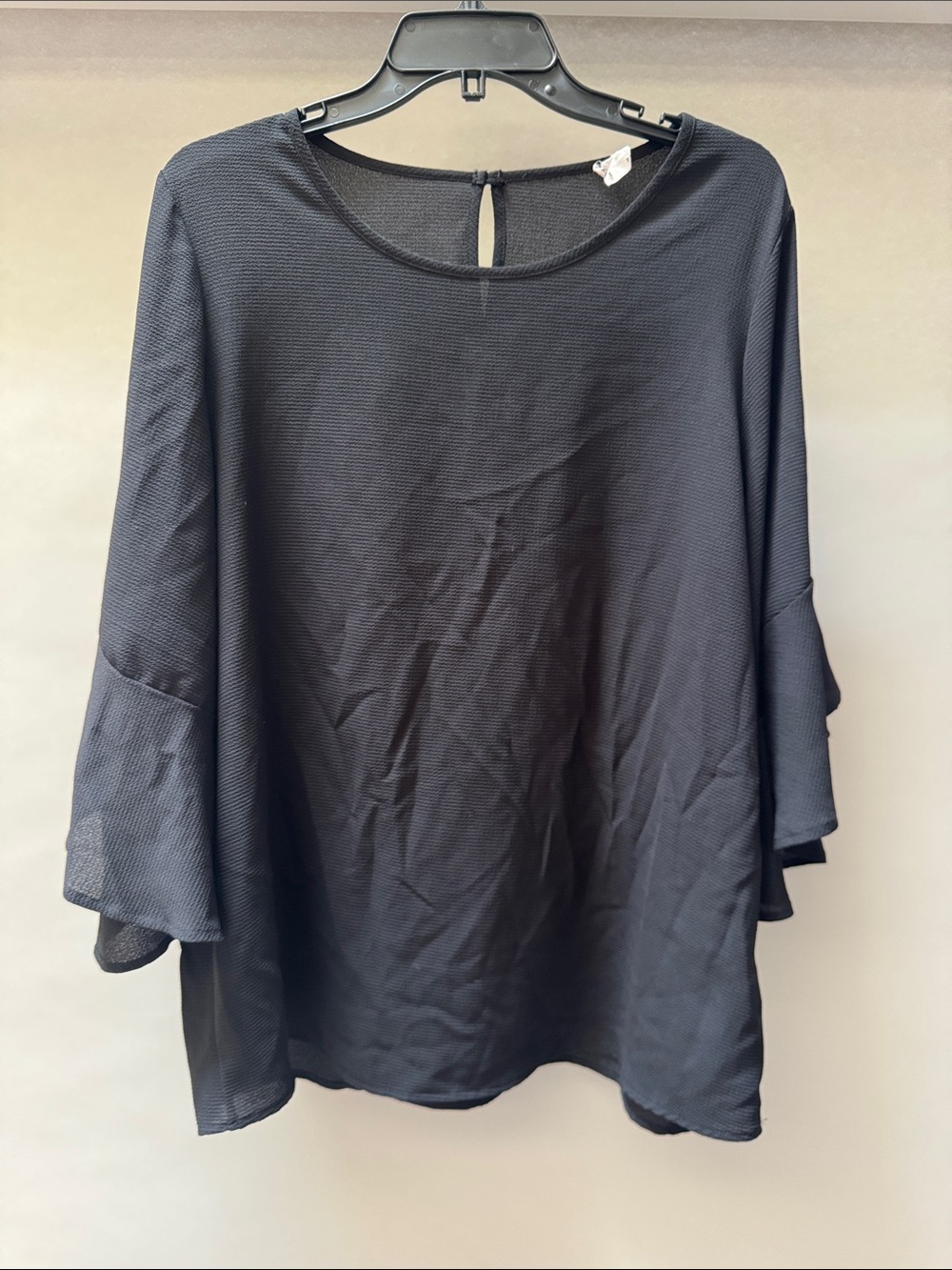 Pleione Black Textured Boatneck Tunic with Ruffle 3/4 Sleeves
